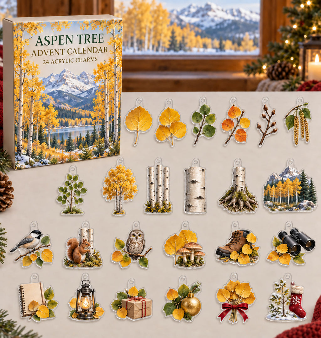 Aspen Tree advent calendar with 24 custom-shaped flat acrylic charms and printed dimensional artwork