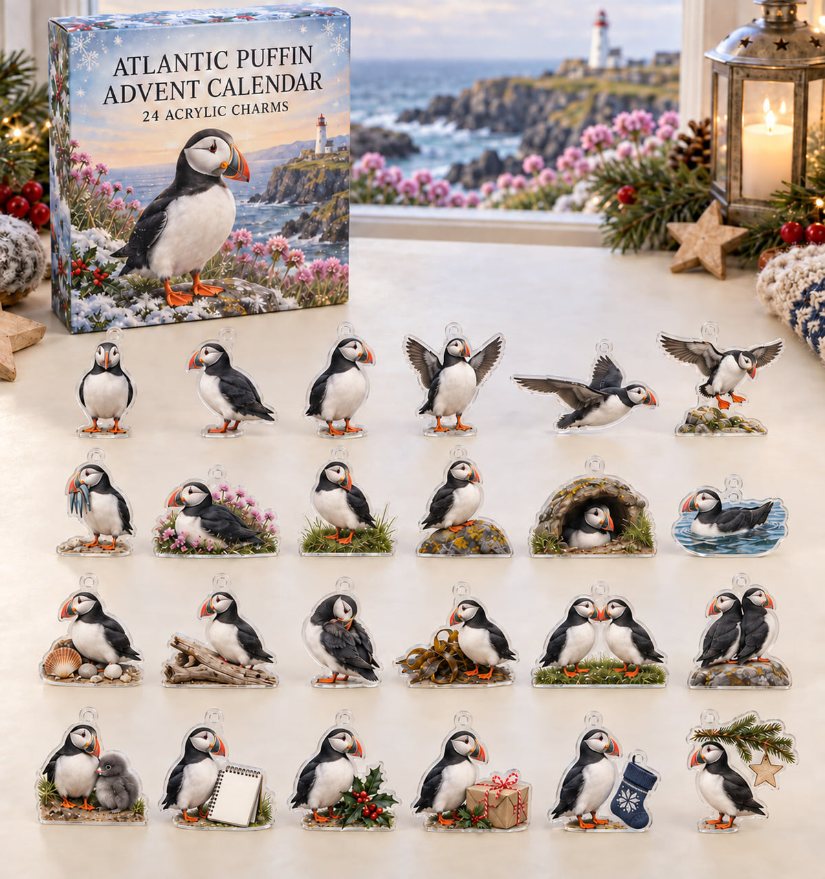 Atlantic Puffin advent calendar with 24 custom-shaped flat acrylic charms and printed dimensional artwork