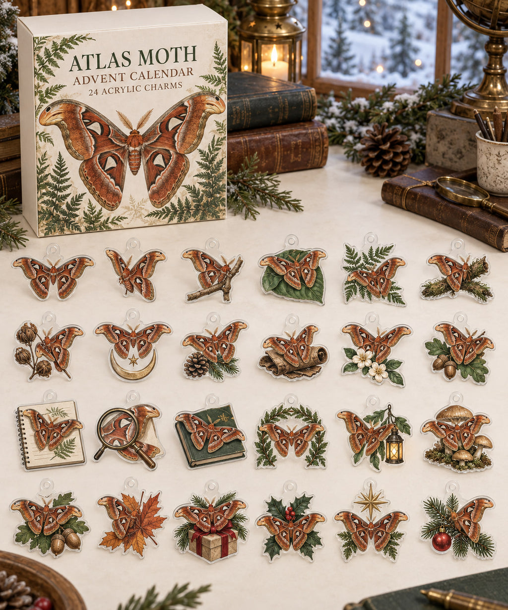 Atlas Moth advent calendar with 24 custom-shaped flat acrylic charms and printed dimensional artwork