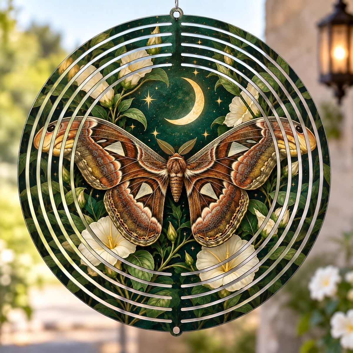 Atlas Moth Moonlit Blooms Wind Spinner with printed dimensional artwork