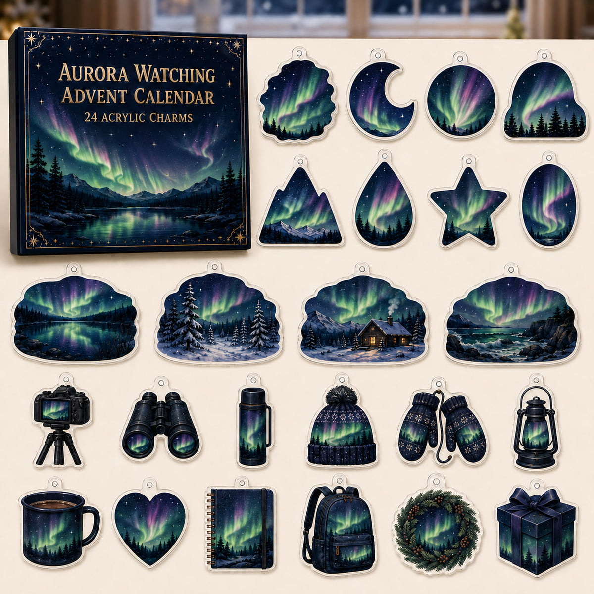 Aurora Watching advent calendar box with24 printed acrylic astronomy-themed charms
