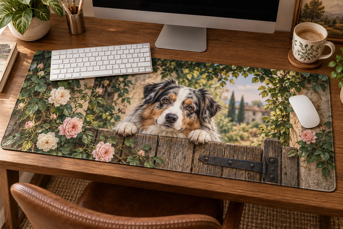 Australian Shepherd Garden Gate Desk Mat with printed dimensional artwork