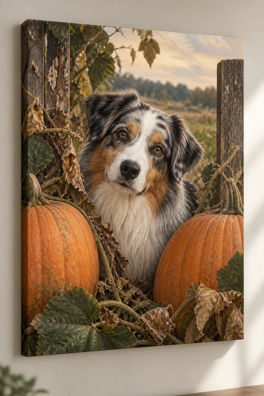 Australian Shepherd Pumpkin Patch Canvas Wall Art with printed dimensional artwork