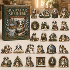 Australian Shepherd advent calendar box and full set of 24 illustrated acrylic charms on a light tabletop