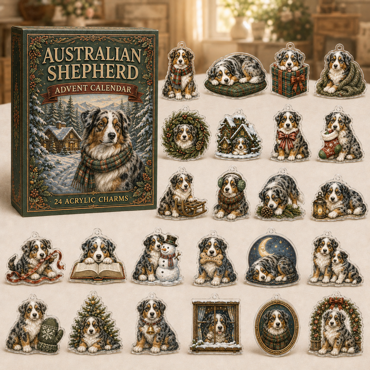 Australian Shepherd advent calendar box and full set of 24 illustrated acrylic charms on a light tabletop