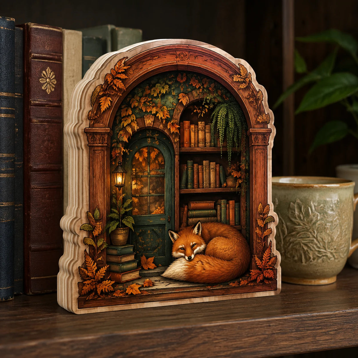 Autumn Fox Bookshop wooden block 3 layer with a dimensional printed design in a fox book lover setting