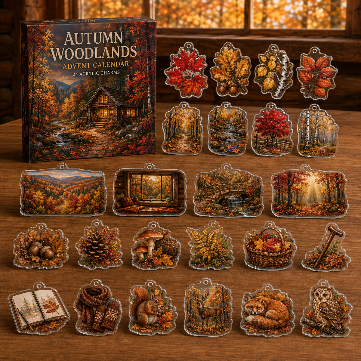Autumn Woodlands advent calendar box and 24 printed acrylic nature charms