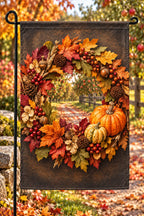 Autumn Wreath Berry Gate Garden Flag with printed dimensional leaves and orchard path