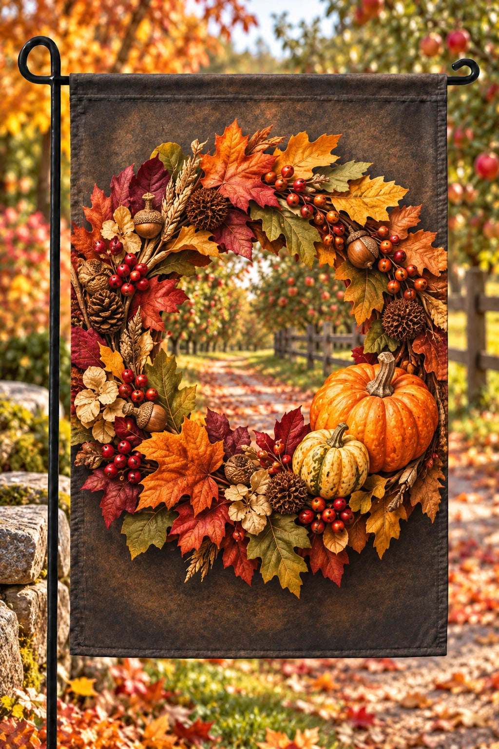Autumn Wreath Berry Gate Garden Flag with printed dimensional leaves and orchard path