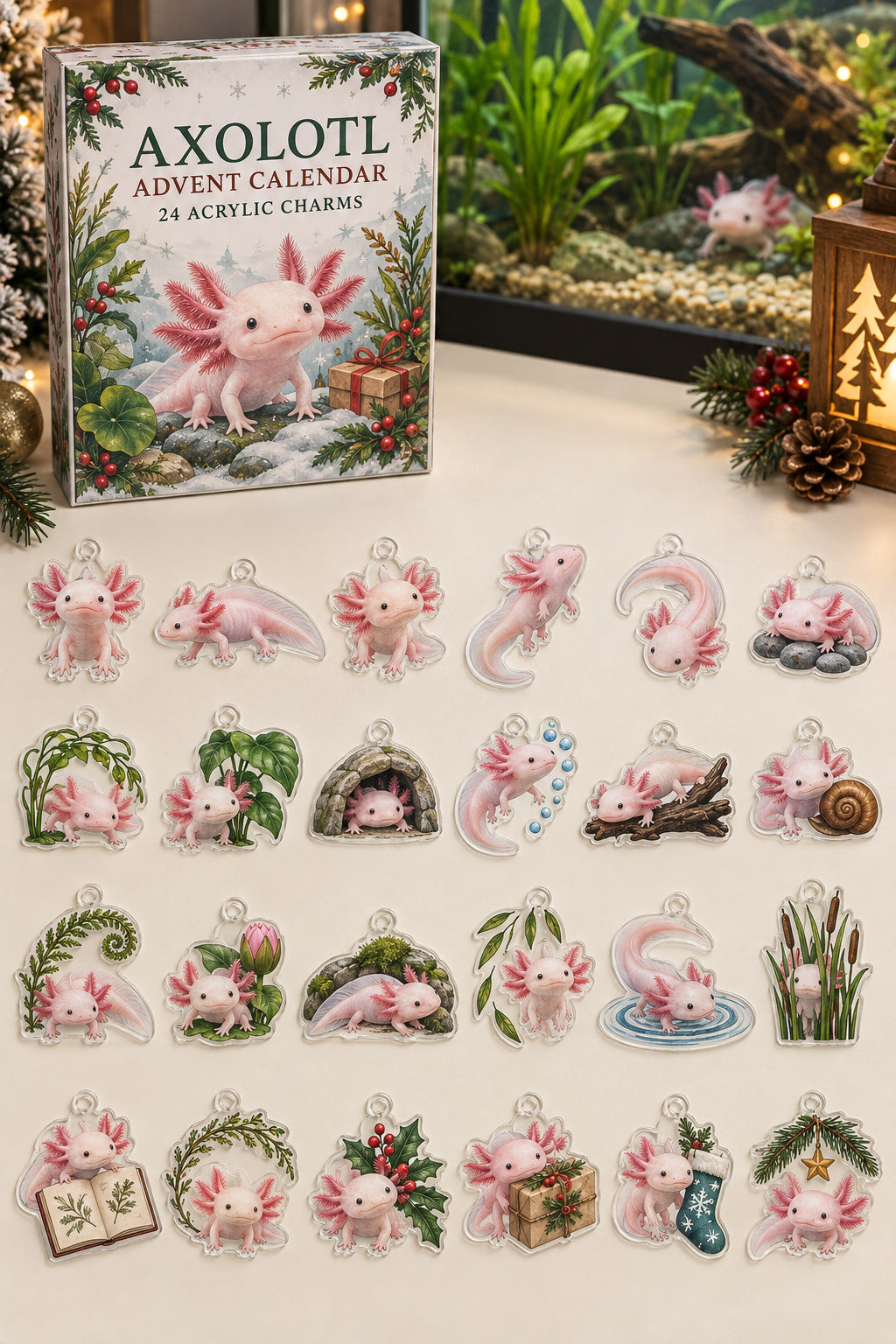 Axolotl advent calendar with 24 custom-shaped flat acrylic charms and printed dimensional artwork