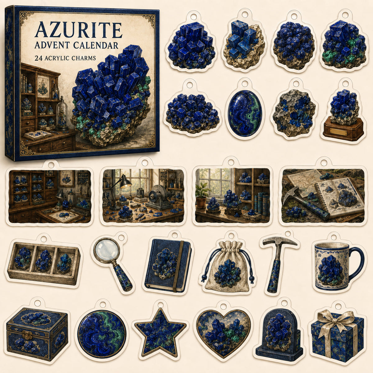 Azurite advent calendar box and 24 mineral-themed printed acrylic charms
