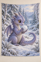 Baby Dragon Snowball Play Wall Tapestry with printed lavender scales and snowy woodland depth
