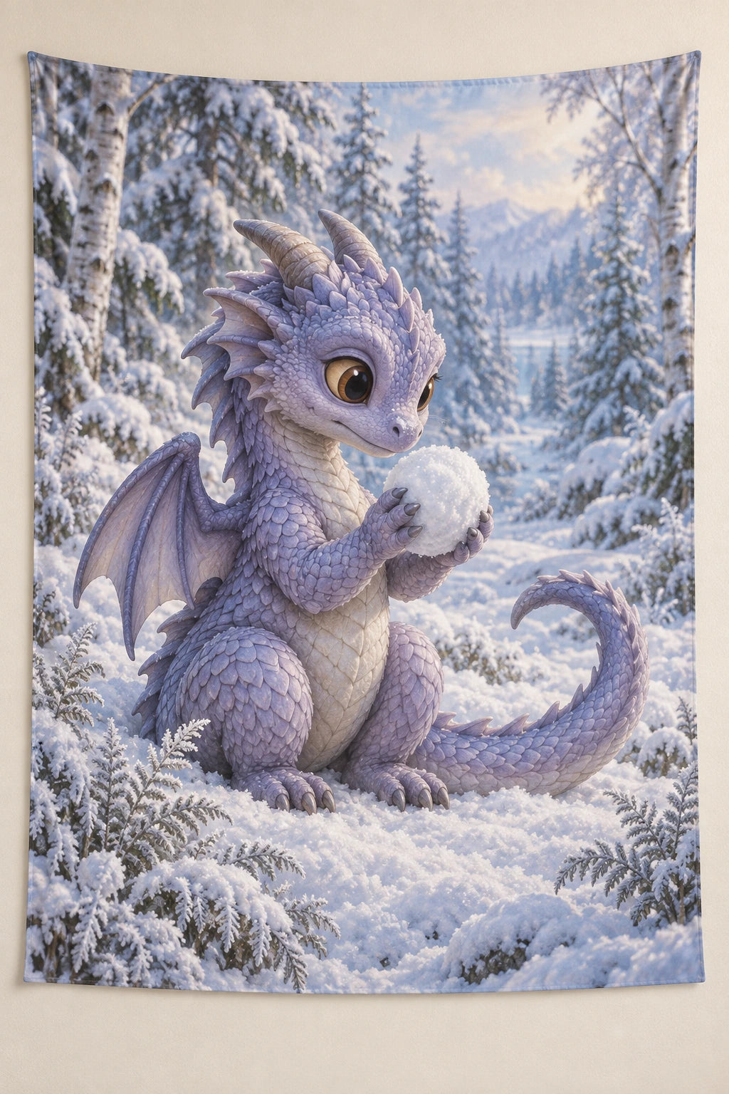 Baby Dragon Snowball Play Wall Tapestry with printed lavender scales and snowy woodland depth