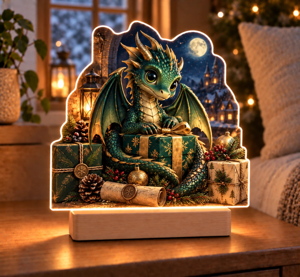 Baby Dragon Holiday Hoard Acrylic Night Light with printed dimensional fantasy artwork