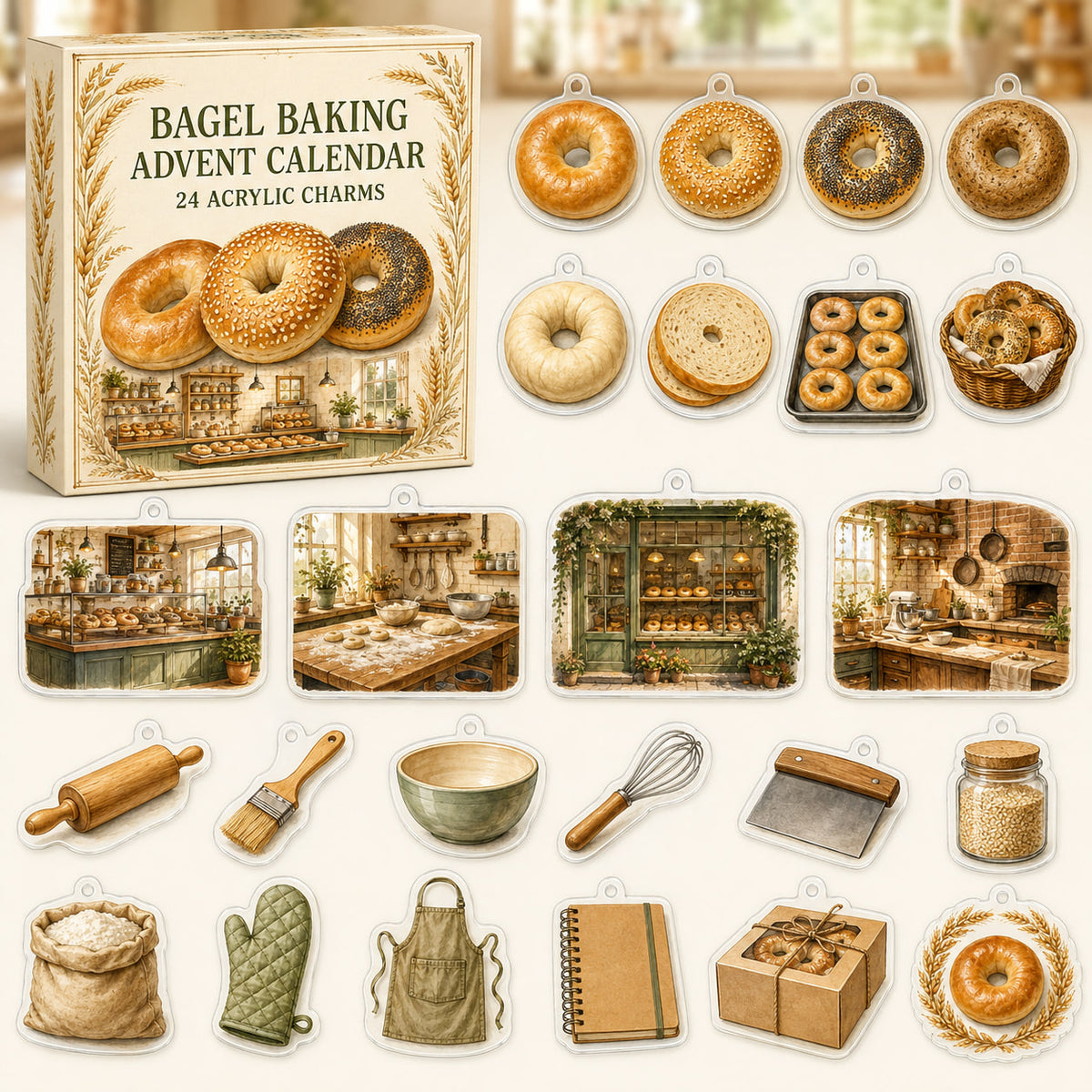 Bagel Baking advent calendar box and24 printed acrylic baking charms