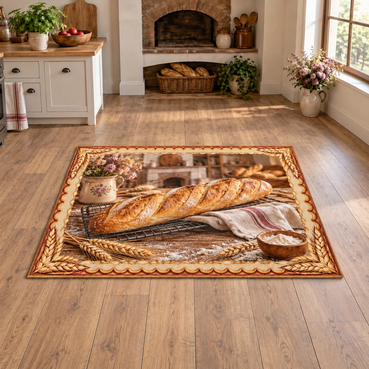 Revised rectangle has all corners and floor margin; wheat frame surrounds scored baguette.