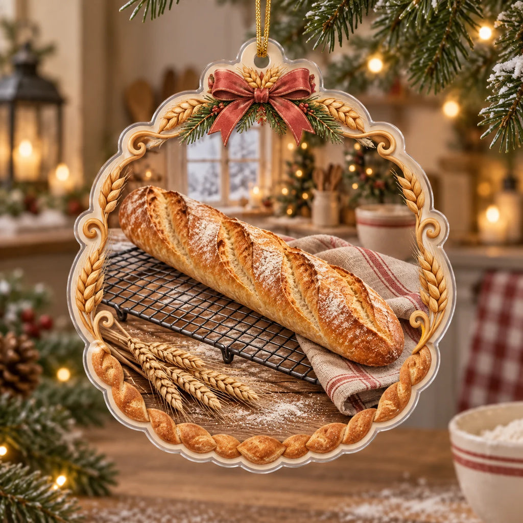 Thin acrylic rim and supported gold cord; opaque bread scene with red bow and evergreen accents.