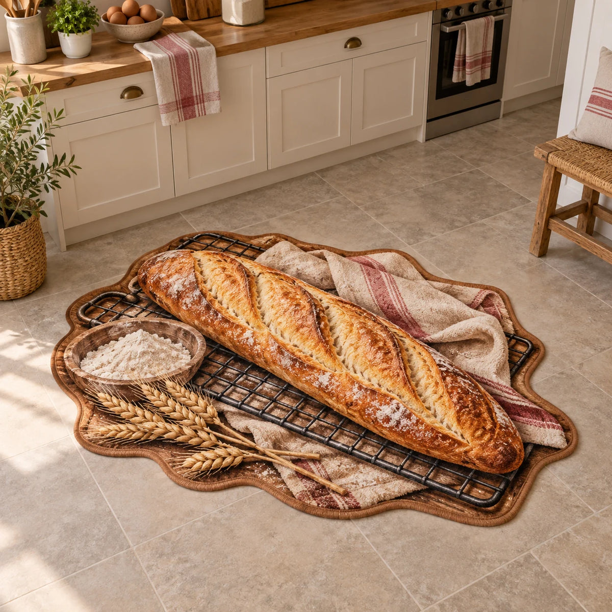 Complete irregular outline with brown binding, flour bowl and wheat beside baguette on rack.