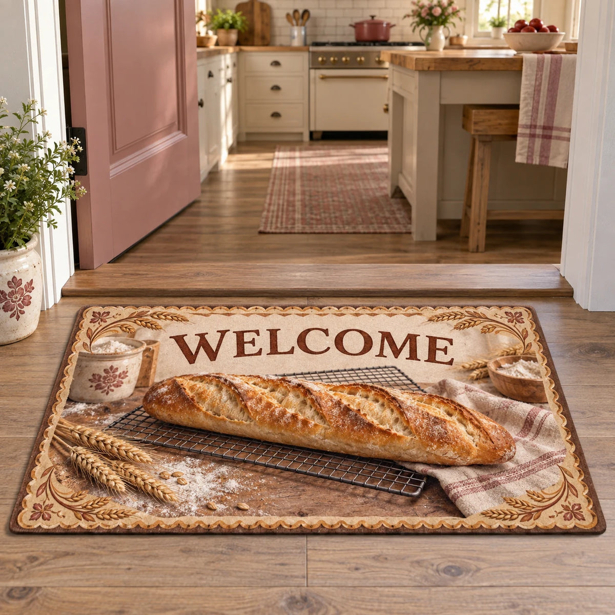 Correct WELCOME lettering above baguette on rack; complete rectangular mat at kitchen doorway.
