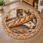 Full round outline, wheat ring, baguette on wire rack and flour bowl.