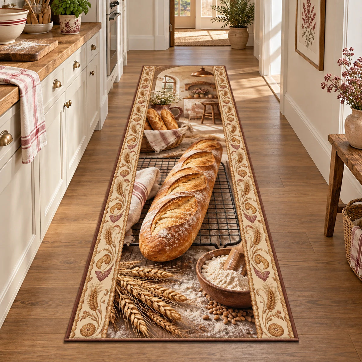 Full runner outline; long baguette and cooling rack lead toward a recessed baking kitchen.