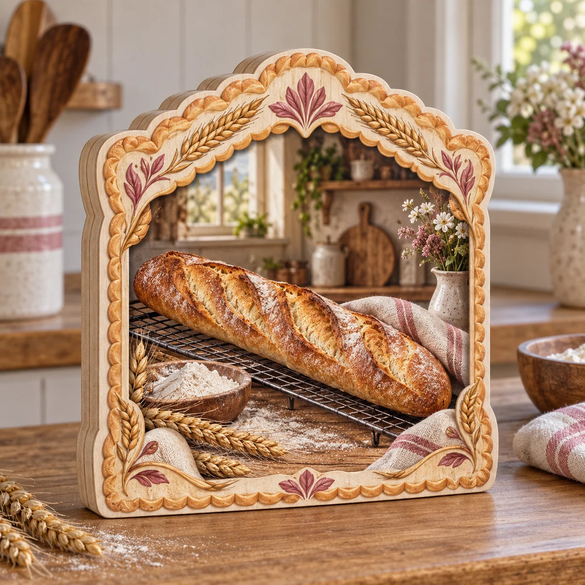 Stable flat base, aligned wood side layers, continuous front bread artwork and wheat frame.