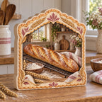 Stable flat base, aligned wood side layers, continuous front bread artwork and wheat frame.