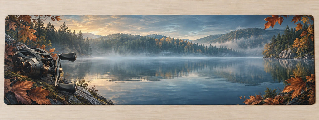 Baitcasting Reel Autumn Fishing Desk Mat with printed dimensional artwork