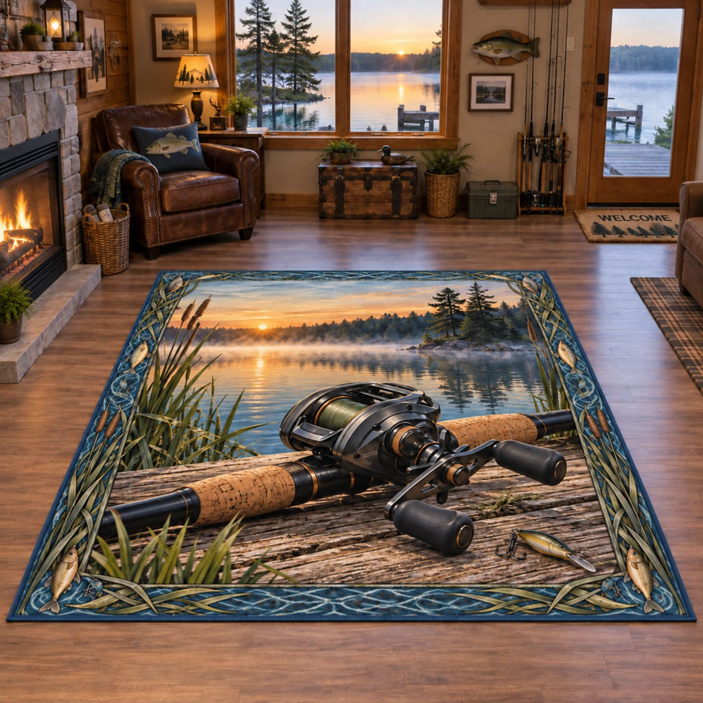 Baitcasting reel area rug with cork grip, reeds and dawn lake scenery in a fishing-themed lakehouse.