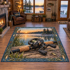 Baitcasting reel area rug with cork grip, reeds and dawn lake scenery in a fishing-themed lakehouse.