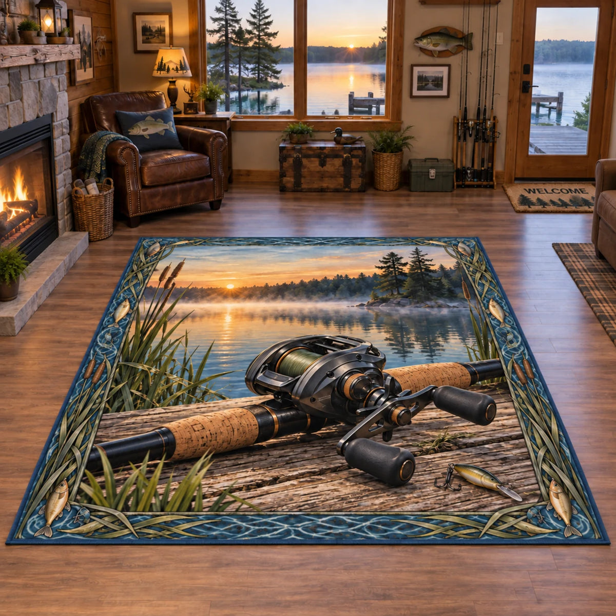 Baitcasting reel area rug with cork grip, reeds and dawn lake scenery in a fishing-themed lakehouse.