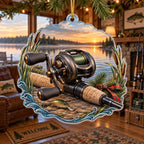 Baitcasting reel christmas ornament with cork grip, reeds and dawn lake scenery in a fishing-themed lakehouse.
