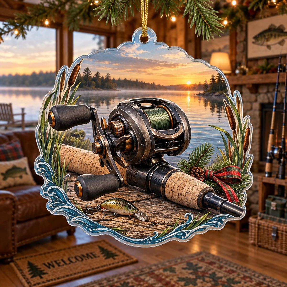 Baitcasting reel christmas ornament with cork grip, reeds and dawn lake scenery in a fishing-themed lakehouse.