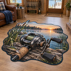 Baitcasting reel custom shape area rug with cork grip, reeds and dawn lake scenery in a fishing-themed lakehouse.