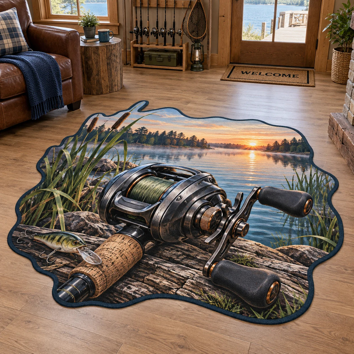 Baitcasting reel custom shape area rug with cork grip, reeds and dawn lake scenery in a fishing-themed lakehouse.