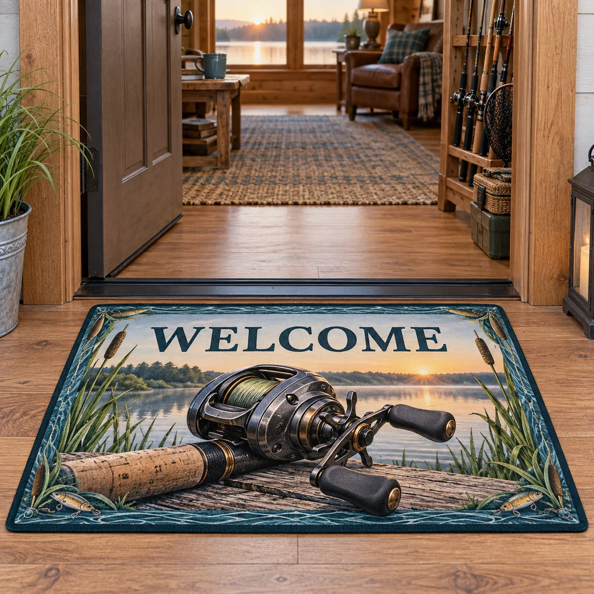 Baitcasting reel doormat with cork grip, reeds and dawn lake scenery in a fishing-themed lakehouse.
