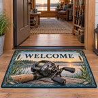 Baitcasting reel doormat with cork grip, reeds and dawn lake scenery in a fishing-themed lakehouse.