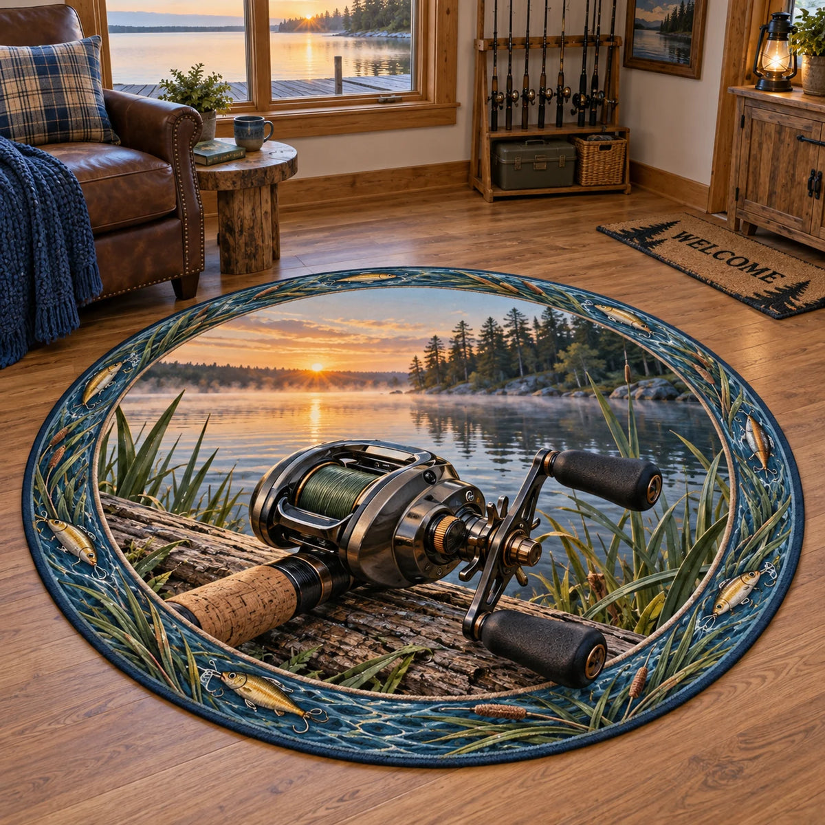 Baitcasting reel round mat rug with cork grip, reeds and dawn lake scenery in a fishing-themed lakehouse.