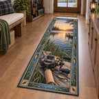 Baitcasting reel runner rug with cork grip, reeds and dawn lake scenery in a fishing-themed lakehouse.