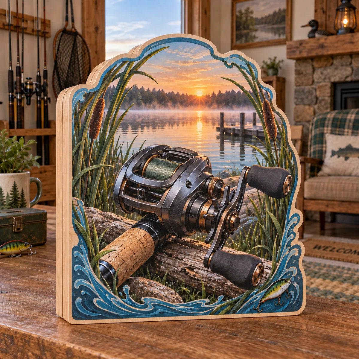 Baitcasting reel wooden block with cork grip, reeds and dawn lake scenery in a fishing-themed lakehouse.