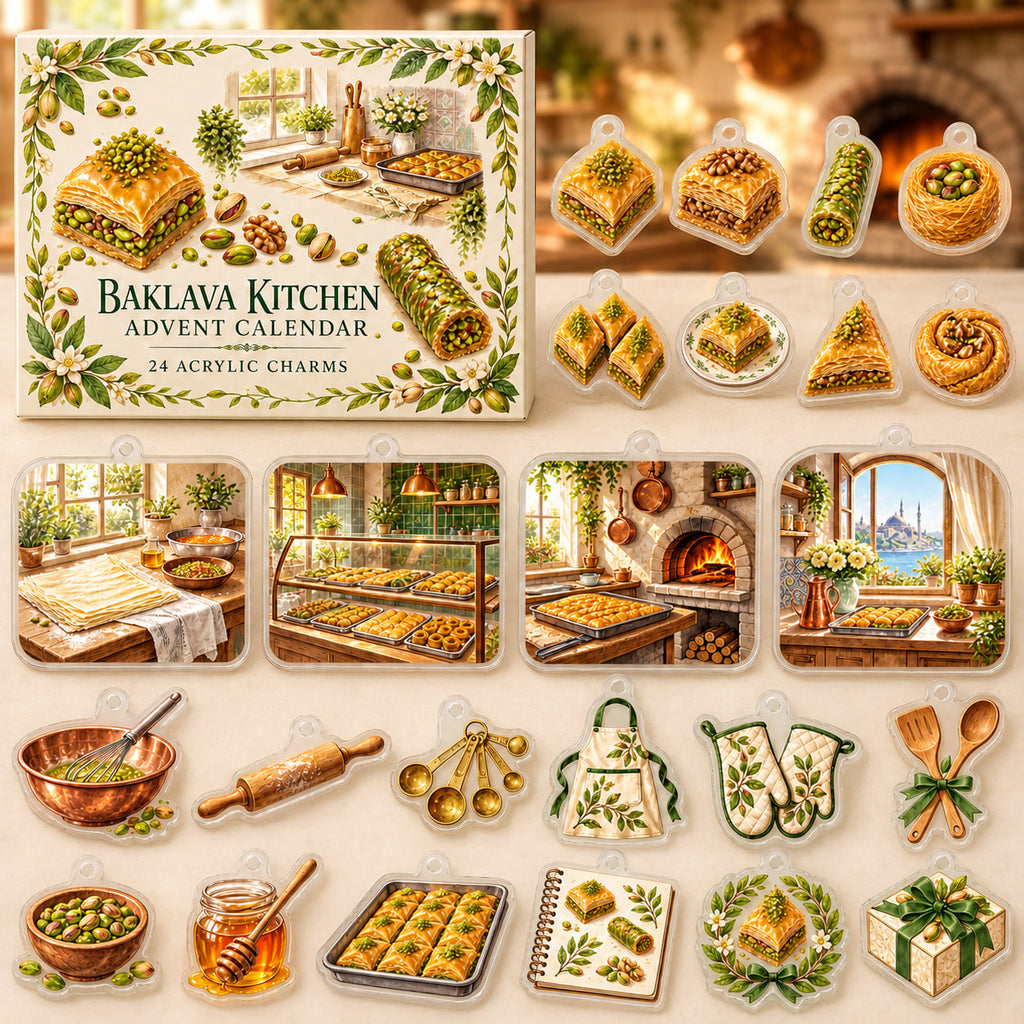 Baklava Making advent calendar box and 24 printed acrylic bakery charms