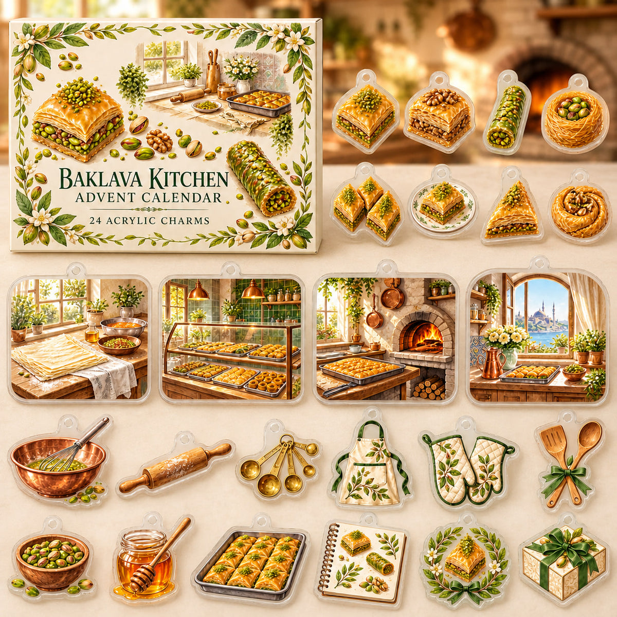 Baklava Making advent calendar box and 24 printed acrylic bakery charms