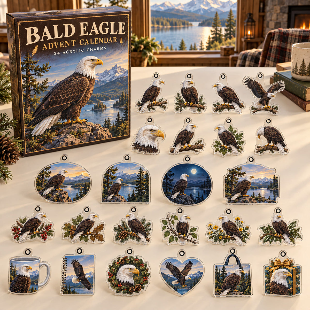 Bald Eagle advent calendar box with 24 themed flat printed acrylic charms