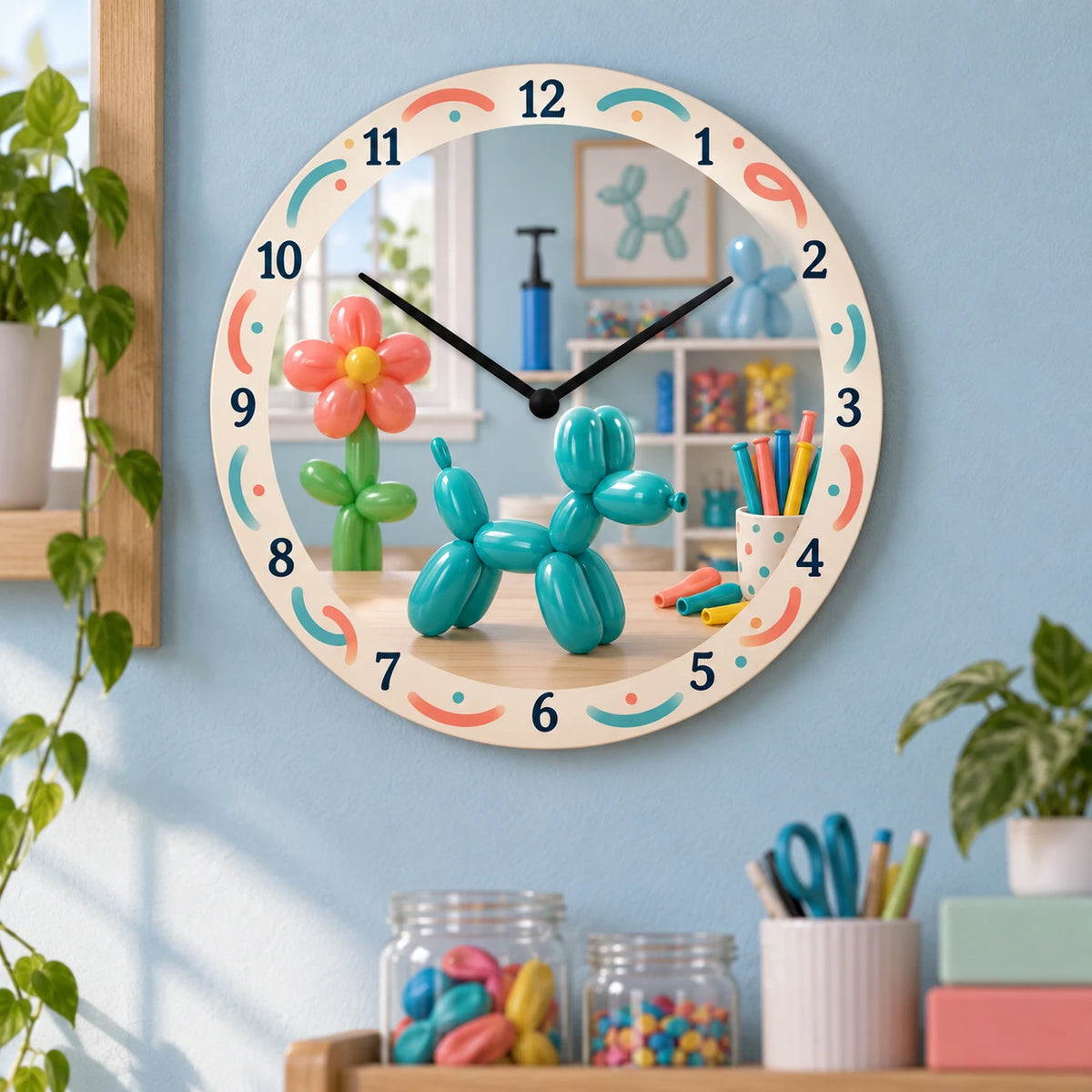 Balloon Twisting Studio Wooden Wall Clock with original printed optical 3D artwork