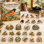 Baltimore Oriole advent calendar box with 24 themed flat printed acrylic charms