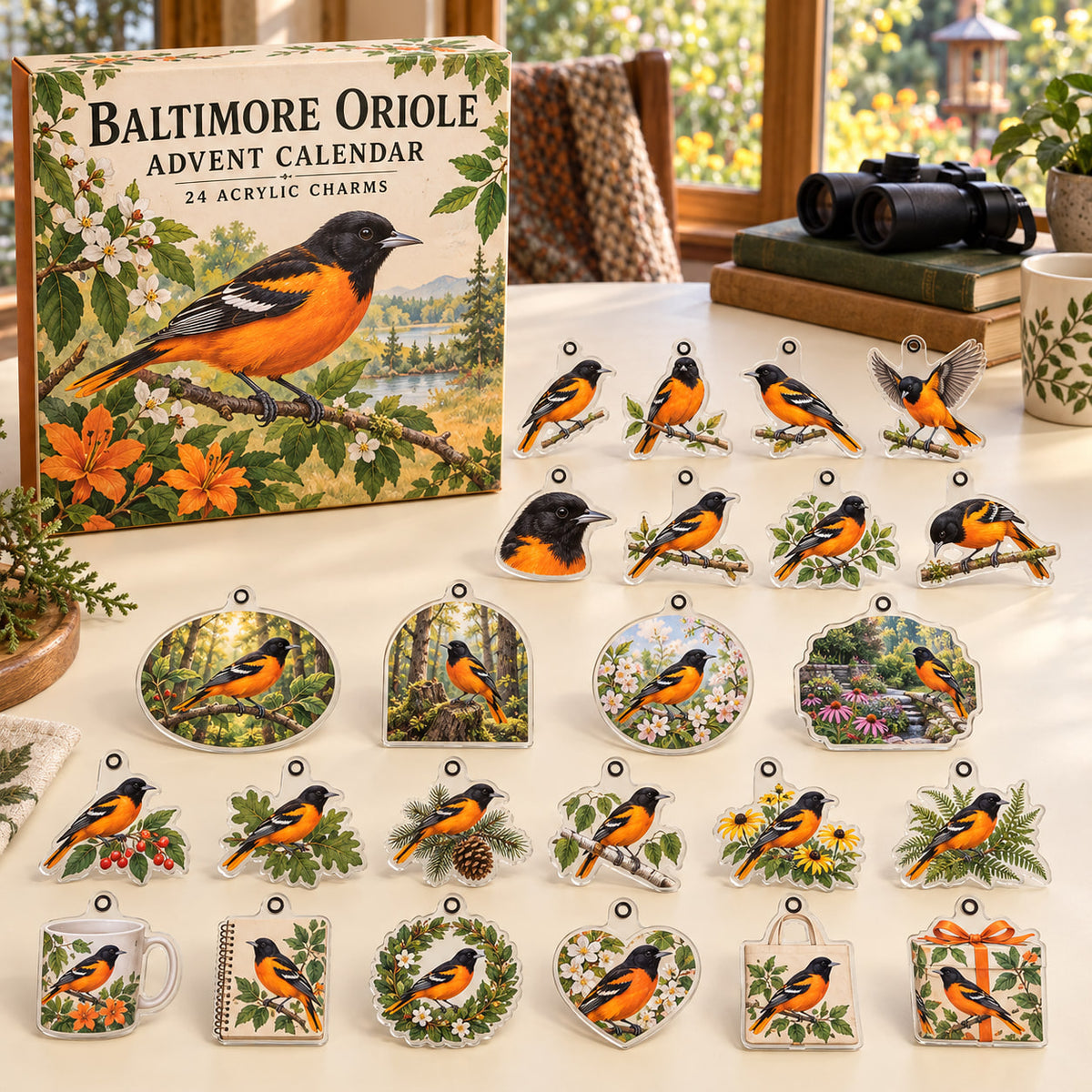 Baltimore Oriole advent calendar box with 24 themed flat printed acrylic charms