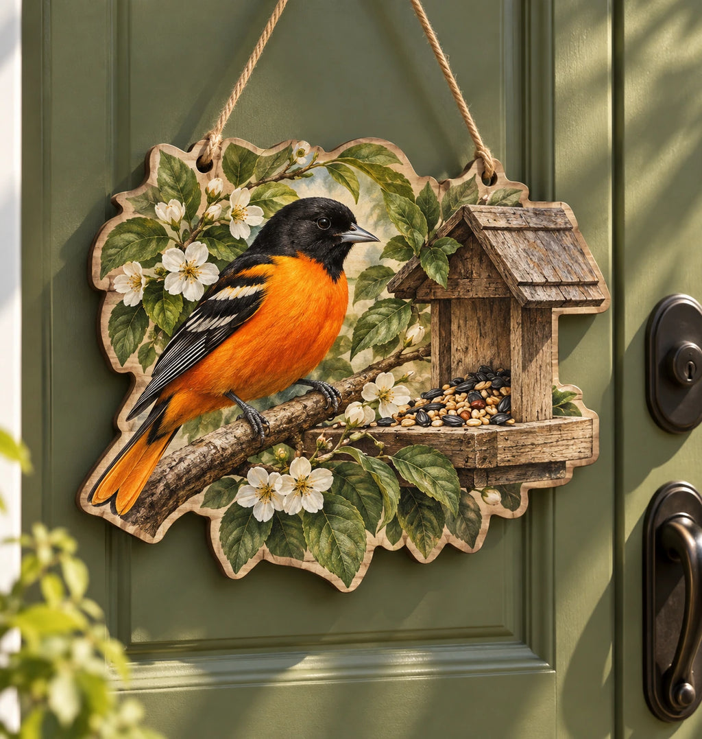 Baltimore Oriole Garden Feeder Custom Shape Door Hanger with printed dimensional artwork