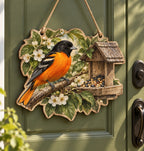 Baltimore Oriole Garden Feeder Custom Shape Door Hanger with printed dimensional artwork