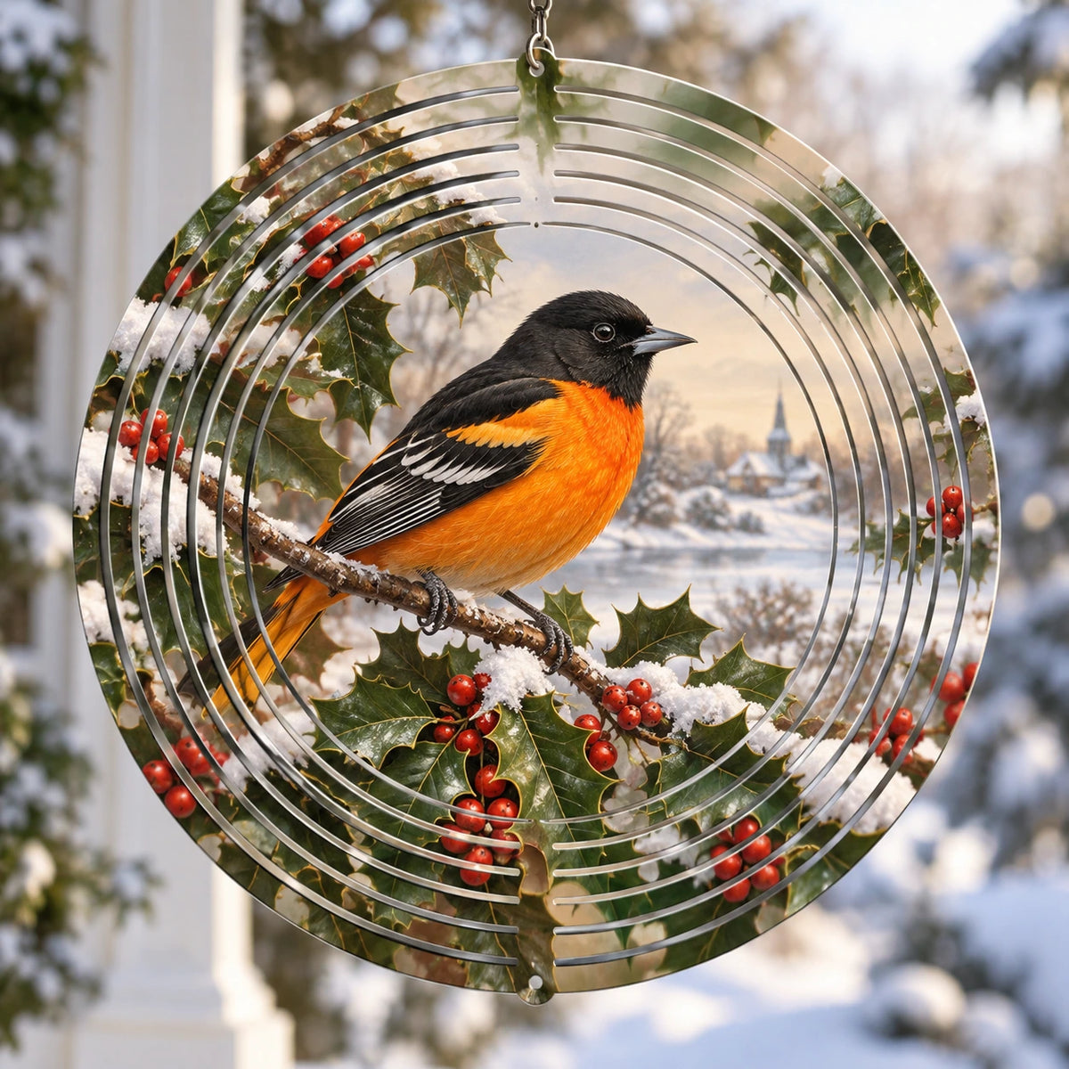 Baltimore Oriole Winter Holly Wind Spinner with printed dimensional artwork