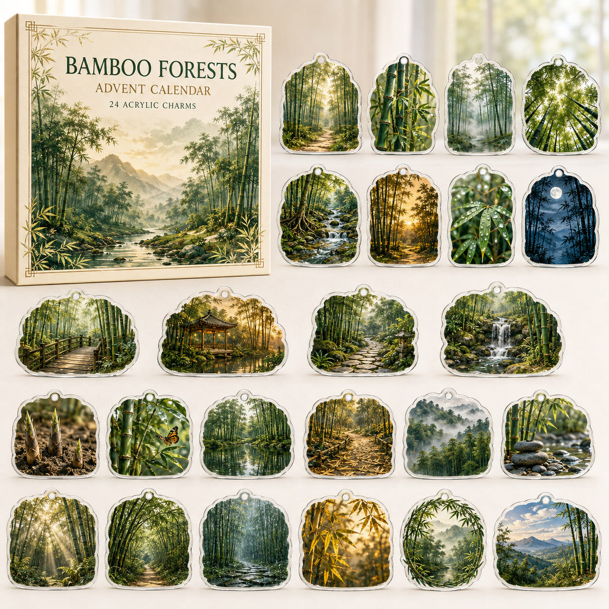 Bamboo Forests advent calendar box and 24 printed acrylic landscape charms